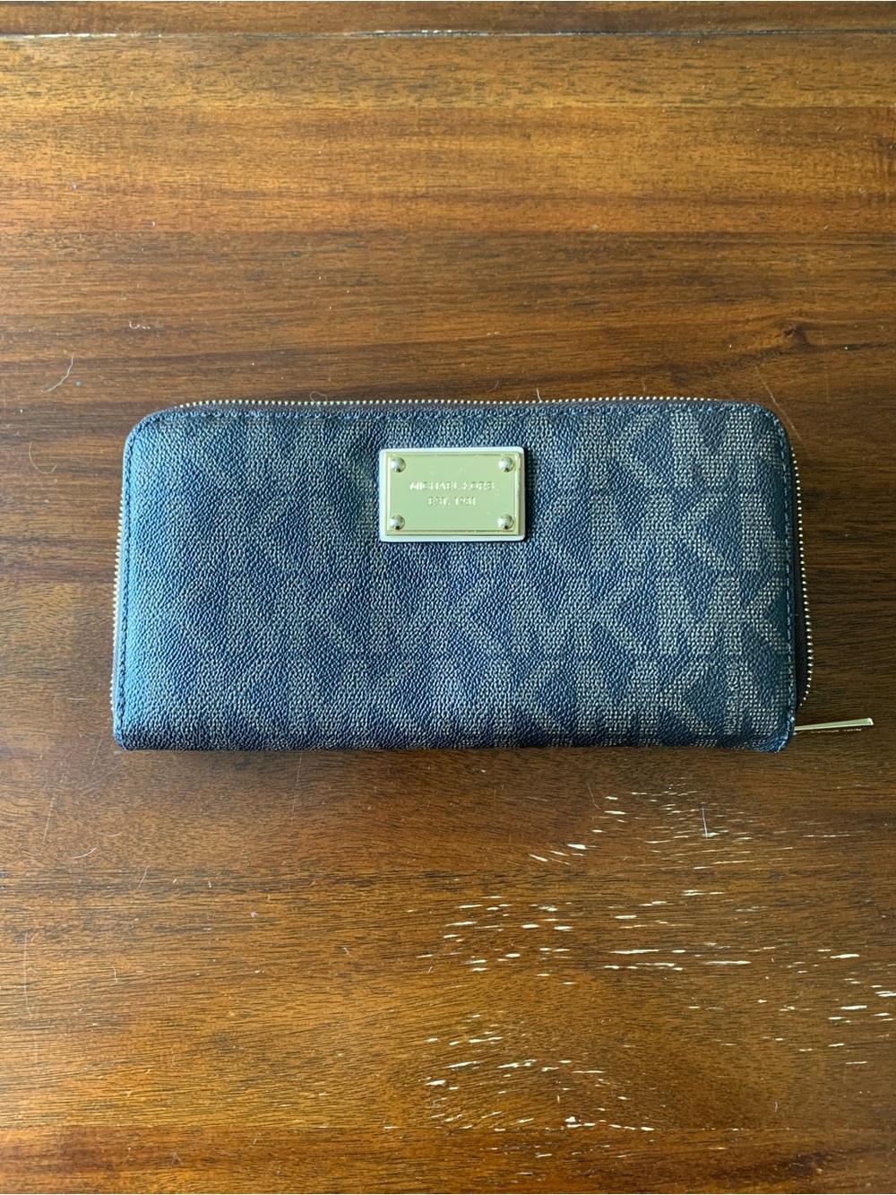 Michael Kors Black Signature Zip-Around Wallet with Gold Plaque